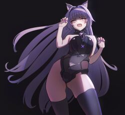 Rule 34 | 1girl, animal ears, bare arms, bare shoulders, black background, black bodysuit, black hairband, black thighhighs, bodysuit, collar, cross-shaped pupils, from below, grey hair, grey nails, hair intakes, hairband, hungr (nyanom), long hair, mechanical ears, no.21: feral scent (punishing: gray raven), no.21 (punishing: gray raven), open mouth, paw pose, punishing: gray raven, sidelocks, solo, symbol-shaped pupils, teeth, thighhighs, upper teeth only, very long hair, wolf ears, yellow eyes