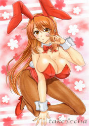Rule 34 | 1girl, :o, animal ears, artist name, asahina mikuru, asahina mikuru (adult), blush, bow, bowtie, breasts, breasts squeezed together, brown eyes, brown pantyhose, cleavage, detached collar, fake animal ears, finger to face, floral background, full body, hairband, hanging breasts, huge breasts, leotard, long hair, long legs, marker (medium), mole, mole on breast, open mouth, orange hair, pantyhose, playboy bunny, rabbit ears, rabbit tail, red bow, red bowtie, red footwear, shoes, simple background, solo, star (symbol), strapless, suzumiya haruhi no yuuutsu, tail, takecha, tattoo, traditional media, tsurime, very long hair, wrist cuffs