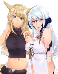 Rule 34 | 2girls, animal ears, aqua nails, au ra, warrior of light (ff14), bare arms, bare shoulders, blonde hair, blue eyes, breasts, cat ears, cat girl, cat tail, closed mouth, dragon girl, dragon horns, final fantasy, final fantasy xiv, fingernails, groin, holding hands, horns, interlocked fingers, looking at viewer, medium breasts, miqo&#039;te, multiple girls, nail polish, nanase kokono, navel, open mouth, purple nails, scales, simple background, sleeveless, slit pupils, straight hair, swept bangs, tail, white background, white hair