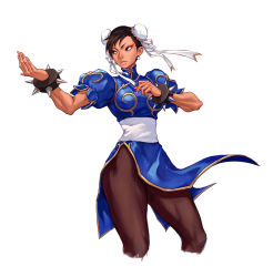 Rule 34 | 1girl, bad id, bad pixiv id, bracelet, brown hair, bun cover, capcom, china dress, chinese clothes, chun-li, cropped legs, double bun, dress, eyeshadow, fighting stance, highres, jewelry, liyart, makeup, pantyhose, pelvic curtain, simple background, solo, spiked bracelet, spikes, street fighter