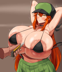 Rule 34 | 1girl, absurdres, areola slip, armpits, arms up, blush, breasts, cleavage, gigantic breasts, hat, highres, large areolae, long hair, orange hair, tiger drop, yellow eyes