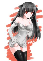 Rule 34 | 1girl, animal ears, black hair, black thighhighs, breasts, cat ears, catstudioinc (punepuni), cleavage, clothes lift, dress, dress lift, finger to mouth, grey dress, kuro (miku plus), long hair, medium breasts, off shoulder, aged up, original, red eyes, smile, solo, sweater, sweater dress, thighhighs, zettai ryouiki
