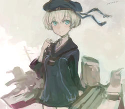 Rule 34 | 1girl, aqua eyes, blue dress, blue sailor collar, clothes writing, dress, grey background, hat, highres, kantai collection, long sleeves, moor, sailor collar, sailor dress, sailor hat, short hair, signature, silver hair, simple background, smile, solo, z1 leberecht maass (kancolle)