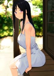 Rule 34 | 1girl, absurdres, anti (0324), ass, bare arms, bare shoulders, black hair, blurry, blurry background, blush, breasts, closed mouth, day, dress, feet out of frame, from side, highres, long hair, looking at viewer, looking to the side, mole, mole under eye, mole under mouth, original, outdoors, parted lips, porch, purple eyes, sitting, sleeveless, sleeveless dress, smile, solo, white dress, wooden floor