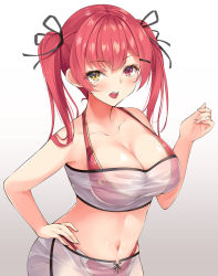 Rule 34 | 1girl, absurdres, bandeau, bare arms, bare shoulders, bikini, bikini under clothes, blush, breasts, cleavage, collarbone, commentary request, gradient background, grey background, hand up, heterochromia, highres, hololive, houshou marine, houshou marine (summer), iroha (unyun), large breasts, long hair, looking at viewer, midriff, navel, no headwear, open mouth, pink eyes, pink hair, red bikini, see-through, see-through cleavage, see-through shirt, see-through shorts, shirt, shorts, skirt, solo, stomach, strapless, swimsuit, tube top, twintails, upper body, virtual youtuber, white background, yellow eyes