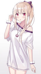 Rule 34 | 1girl, :o, bare shoulders, blonde hair, blush, bow, breasts, commentary request, hair bow, highres, jewelry, long hair, looking at viewer, medium breasts, nagisa (cxcx5235), necklace, off-shoulder shirt, off shoulder, original, ponytail, purple bow, red eyes, shirt, solo, white shirt