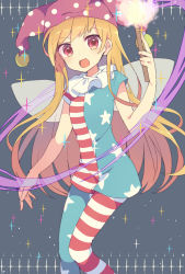 Rule 34 | 1girl, :d, american flag dress, american flag legwear, american flag shirt, blonde hair, blue pantyhose, busujima (kusahana), clownpiece, fairy wings, hat, holding, jester cap, long hair, open mouth, pantyhose, red eyes, red pantyhose, simple background, smile, solo, star (symbol), striped clothes, striped pantyhose, torch, touhou, very long hair, wings