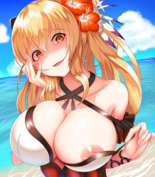 Rule 34 | 1girl, arm strap, bare shoulders, beach, blonde hair, blush, bow, breasts, cleavage, clothes tug, day, flower, granblue fantasy, hair between eyes, hair bow, hair flower, hair ornament, hand on own face, head tilt, hibiscus, highres, large breasts, long hair, looking at viewer, nekoda (maoda), nipple slip, nipples, ocean, one breast out, open mouth, outdoors, ponytail, red eyes, ribbon, shaded face, sidelocks, skindentation, smile, solo, swimsuit, vira (granblue fantasy)