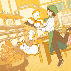 Rule 34 | 1girl, animal, apron, bakery, black eyes, blush, denim, dog, doughnut, food, green apron, hat, highres, holding, holding tray, jeans, looking at viewer, open mouth, original, pants, shoes, shop, short hair, tagme, tray, yoshimon