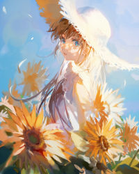 Rule 34 | 1girl, bare arms, blue eyes, blue sky, brown hair, ciloranko, crossed bangs, day, dress, eyelashes, field, floating hair, flower, from side, hat, highres, leaf, long hair, looking at viewer, looking to the side, original, outdoors, parted lips, petals, sidelighting, sidelocks, sky, sleeveless, sleeveless dress, solo, standing, straw hat, sun hat, sunflower, upper body, white dress, yellow flower