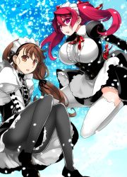 Rule 34 | 2girls, apron, breasts, brown eyes, brown hair, highres, ishida akira, large breasts, maid, maid ane (maoyuu), maid apron, maid day, maid headdress, maou (maoyuu), maoyuu maou yuusha, multiple girls, pantyhose, red eyes, red hair, thighhighs, twintails, upskirt