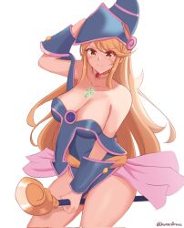 Rule 34 | 1girl, alternate costume, bare shoulders, black magician girl (cosplay), blonde hair, blush, breasts, broom, cleavage, cleavage cutout, clothing cutout, cosplay, dark magician girl, dark magician girl (cosplay), dayman, elbow gloves, gem, gloves, hair ornament, hat, headpiece, highres, holding, holding weapon, jewelry, large breasts, long hair, looking at viewer, mythra (xenoblade), ribbon, smile, solo, thighs, top hat, upper body, very long hair, weapon, xenoblade chronicles (series), xenoblade chronicles 2, yellow eyes, yu-gi-oh!