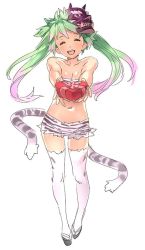 Rule 34 | 1girl, animal print, bandeau, candy, chocolate, chocolate heart, closed eyes, flat chest, food, full body, green hair, heart, mask, mask on head, multicolored hair, multiple tails, navel, nishieda, okobo, oni mask, open mouth, original, pink hair, sandals, short shorts, shorts, smile, solo, tail, thighhighs, tiger print, tiger tail, twintails, two-tone hair