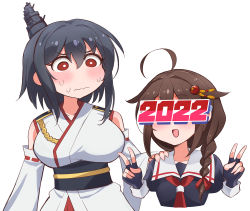 Rule 34 | 2022, 2girls, ahoge, black gloves, black hair, black serafuku, blush, braid, breasts, brown hair, censored, commentary request, detached sleeves, double v, fingerless gloves, gloves, hair ornament, headgear, identity censor, japanese clothes, kantai collection, kuroten, large breasts, long hair, multiple girls, nose blush, open mouth, red eyes, ribbon-trimmed sleeves, ribbon trim, sailor collar, school uniform, serafuku, shigure (kancolle), shigure kai ni (kancolle), short hair, simple background, single braid, sweat, upper body, v, wavy mouth, white background, white sailor collar, yamashiro (kancolle), yamashiro kai ni (kancolle)