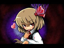 Rule 34 | 1girl, :3, :p, [], blonde hair, blood, embodiment of scarlet devil, female focus, guro, heart, injury, red eyes, rumia, severed limb, solo, tongue, tongue out, touhou