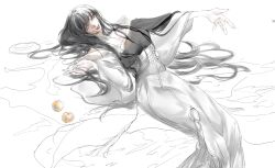 Rule 34 | 1girl, bare shoulders, black collar, black hair, black kimono, chinese commentary, collar, commentary request, feet out of frame, final fantasy, final fantasy xiv, food, from above, fruit, green eyes, hair spread out, highres, hyur, inrou, japanese clothes, kimono, long hair, looking at viewer, lying, mole, mole under mouth, obi, obijime, on back, outstretched arm, parted lips, partially colored, persimmon, sash, simple background, sketch, smile, solo, white background, white kimono, wide sleeves, wulin llsn, yotsuyu goe brutus