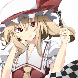 Rule 34 | 1girl, absurdres, ascot, ayasekira, bad id, bad pixiv id, blonde hair, chess piece, female focus, flandre scarlet, hat, head rest, highres, long hair, red eyes, smile, solo, touhou, upper body