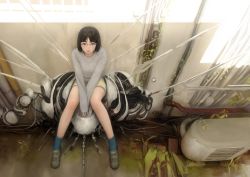 Rule 34 | 1girl, black hair, blunt bangs, day, eyelashes, from above, full body, glasses, grass, green eyes, green socks, industrial pipe, lips, long sleeves, looking at viewer, machinery, mujiha, original, outdoors, parted lips, pink lips, plant, robot, shirt, shoes, short hair, short shorts, shorts, sitting, socks, solo