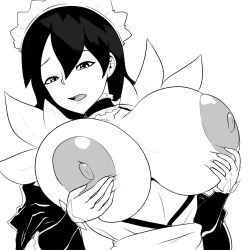 Rule 34 | 1girl, breasts, breasts out, choker, collarbone, grabbing own breast, highres, huge breasts, iroha (samurai spirits), looking at viewer, maid, maid headdress, monochrome, nipples, open mouth, samurai spirits, short hair, solo, thecon, upper body, white background