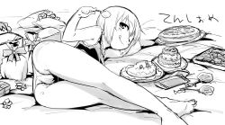 Rule 34 | 1girl, :p, :q, ;q, ass, bare legs, cake, erica hartmann, food, gift, greyscale, legs, lying, monochrome, mozu (peth), on side, one eye closed, panties, plate, short hair, sketch, smile, solo, strike witches, tank top, thighs, tongue, tongue out, underwear, wink, world witches series