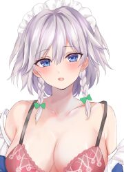 Rule 34 | 1girl, blue dress, blue eyes, bow, bra, braid, breasts, cismlyri, cleavage, collarbone, dress, green bow, grey hair, hair bow, highres, izayoi sakuya, large breasts, lips, maid headdress, open clothes, simple background, solo, touhou, twin braids, underwear, white background