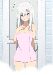 Rule 34 | +++, 1girl, :d, arm behind back, bad id, bad pixiv id, bare arms, bare shoulders, blue eyes, blush, breasts, brick wall, cleavage, collarbone, cowboy shot, door, grin, hand on own chest, indoors, long hair, looking at viewer, medium breasts, naked towel, open mouth, original, salpin, sidelocks, silver hair, smile, solo, straight hair, teeth, towel, very long hair