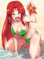 Rule 34 | 1girl, :d, alternate costume, ario, beach, bikini, blush, bow, braid, breasts, cleavage, covered erect nipples, female focus, hair bow, hong meiling, large breasts, long hair, open mouth, red hair, side-tie bikini bottom, sketch, smile, solo, starfish, striped bikini, striped clothes, swimsuit, touhou, twin braids, wet