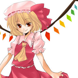 Rule 34 | 1girl, bad id, bad pixiv id, blonde hair, blouse, collared shirt, female focus, flandre scarlet, frilled vest, frills, hair between eyes, hat, kino hazuki, lowres, mob cap, red eyes, shirt, simple background, solo, standing, touhou, vest, white background, white shirt, wings