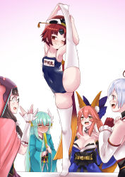 Rule 34 | 5girls, absurdres, animal ear fluff, animal ears, aqua kimono, bare shoulders, benienma (fate), bird hat, blue kimono, blue one-piece swimsuit, blush, breasts, brown hair, cleavage, cloak, competition school swimsuit, detached sleeves, dragon horns, fate/extra, fate/grand order, fate (series), fox ears, fox girl, fox tail, highres, hood, hooded cloak, horns, japanese clothes, kimono, kiyohime (fate), large breasts, leg lift, leg up, long hair, long sleeves, low ponytail, multiple girls, name tag, obi, one-piece swimsuit, one eye closed, open mouth, osakabehime (fate), parted bangs, pink cloak, pink hair, ponytail, purple eyes, red eyes, red hair, sash, school swimsuit, senbon tsuki, short kimono, silver hair, small breasts, smile, split, standing, standing on one leg, standing split, swimsuit, tail, tamamo (fate), tamamo no mae (fate/extra), thighhighs, tomoe gozen (fate), very long hair, wavy mouth, white kimono, white legwear, yellow eyes