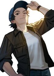 Rule 34 | 1boy, arm up, backlighting, black hair, blue hat, brown jacket, closed mouth, fingernails, grey background, grey eyes, hand on headwear, hand on own hip, hat, highres, jacket, looking at viewer, male focus, mole, mole under eye, nashigaya koyomi, one eye closed, original, shirt tucked in, simple background, sleeves rolled up, smile, solo, watch, wristwatch