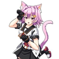 Rule 34 | 1girl, animal ears, black gloves, black skirt, cat ears, cat tail, commentary request, gloves, kantai collection, open mouth, paw pose, pink hair, pleated skirt, red eyes, school uniform, serafuku, short hair, short sleeves, simple background, skirt, solo, tail, tama (kancolle), tama kai ni (kancolle), tk8d32, white background