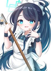 Rule 34 | &lt;key&gt; (robot) (blue archive), 1girl, apron, aris (blue archive), aris (maid) (blue archive), black hair, blue archive, blue eyes, bow, bowtie, commentary request, forehead, frilled apron, frills, halo, holding, holding mop, long hair, looking at viewer, maid, maid apron, maid headdress, mochizuki hull, mop, official alternate costume, official alternate hairstyle, parted bangs, pink bow, pink bowtie, short sleeves, side ponytail, sidelocks, simple background, solo, white apron, white background, wristband