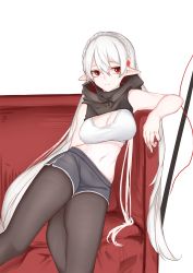 Rule 34 | 1girl, arknights, bare shoulders, black pantyhose, black shorts, breasts, cleavage, closed mouth, clothing cutout, commentary, couch, crop top, dated commentary, hair between eyes, highres, hood, inniyik, pantyhose under shorts, long hair, looking at viewer, navel, on couch, pantyhose, pointy ears, red eyes, shirt, shorts, sitting, solo, warfarin (arknights), white hair, white shirt