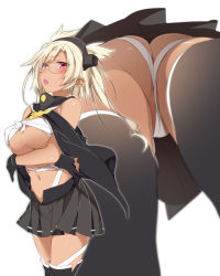 Rule 34 | 1girl, black gloves, black skirt, blonde hair, blush, breasts, budget sarashi, commentary request, crossed arms, dark-skinned female, dark skin, from below, glasses, gloves, highres, kantai collection, large breasts, long hair, miniskirt, mtu (orewamuzituda), multiple views, musashi (kancolle), musashi kai (kancolle), open mouth, partially fingerless gloves, pleated skirt, pointy hair, red eyes, sarashi, simple background, skirt, twintails, two side up, white background