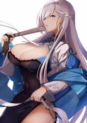 Rule 34 | 1girl, alternate costume, azur lane, belfast (azur lane), belfast (iridescent rosa) (azur lane), belfast (iridescent rosa) (azur lane), blue eyes, blush, braid, breasts, chain, china dress, chinese clothes, cleavage, collar, dress, earrings, folded fan, folding fan, hand fan, highres, holding, holding fan, jewelry, large breasts, long hair, looking at viewer, panties, pnatsu, ring, side-tie panties, silver hair, simple background, solo, thighhighs, underwear, white background, white thighhighs