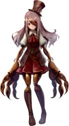 Rule 34 | 1girl, artificial eye, ascot, belt, boots, collared shirt, cross-laced footwear, expressionless, full body, gears, grey hair, hat, highres, lace-up boots, long hair, looking at viewer, mecha musume, mechanical arms, mechanical eye, mechanical hands, mechanical legs, original, red ascot, red eyes, ryosios, shirt, solo, standing, steampunk, steampunk girl (ryosios), straight-on, tachi-e, top hat, transparent background