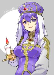 Rule 34 | 1girl, candle, dress, eremiya, fire emblem, fire emblem: new mystery of the emblem, grey background, hair between eyes, hat, lips, long hair, long sleeves, looking at viewer, nintendo, open mouth, purple eyes, purple hair, smile, solo, twitter username, upper body, veil, yukia (firstaid0)
