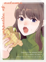 Rule 34 | 1girl, blue eyes, border, brown hair, burger, english text, eyelashes, fingernails, food, freckles, highres, holding, holding burger, holding food, imminent bite, long hair, looking at viewer, miko35, open mouth, original, red sweater, solo, sweater, white border