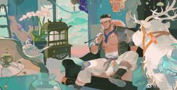 Rule 34 | 1boy, abs, alca (wakatanka4), animal, animal ears, atcesolcyc, bara, bare pectorals, beard, black hair, bull, chinese clothes, chinese zodiac, commission, facial hair, foot out of frame, gyee, headband, highres, holding, holding smoking pipe, jacket, large pectorals, lion boy, lion ears, male focus, mature male, muscular, muscular male, nipples, open clothes, open jacket, original, pants, pectorals, pelvic curtain, red eyes, second-party source, short hair, sideburns, smile, smoking pipe, solo, stomach, stubble, thick eyebrows, undercut, white pants, year of the ox