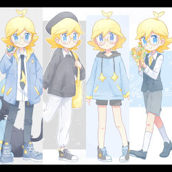 Rule 34 | 1boy, ahoge, akasaka (qv92612), alternate costume, black footwear, black vest, blonde hair, bouquet, clemont (pokemon), collared shirt, commentary request, creatures (company), flower, game freak, gen 4 pokemon, glasses, grey shorts, hand up, highres, holding, holding bouquet, holding poke ball, holding strap, jacket, knees, long sleeves, looking at viewer, luxio, male focus, medium hair, multiple views, necktie, nintendo, open clothes, open jacket, pants, poke ball, pokemon, pokemon (creature), pokemon xy, round eyewear, shirt, shoes, shorts, sneakers, socks, vest, white legwear, white pants, white shirt, yellow bag, yellow necktie