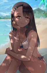 Rule 34 | 1girl, absurdres, beach, bikini, black hair, blurry, blurry background, breasts, brown eyes, cleavage, dappled sunlight, earclip, head rest, highres, huge filesize, hugging own legs, ijiranaide nagatoro-san, knees to chest, light smile, long hair, looking at viewer, nagatoro hayase, ocean, piercing, shizu (shizuillust), small breasts, smile, solo, summer, sunlight, swimsuit, tan, tanline, water