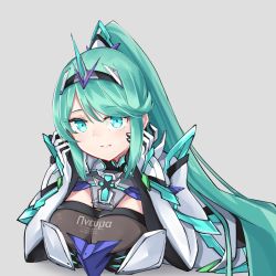 Rule 34 | 1girl, breasts, chest jewel, gloves, green eyes, green hair, grey background, highres, large breasts, long hair, pneuma (xenoblade), ponytail, sarasadou dan, simple background, spoilers, swept bangs, tiara, upper body, very long hair, xenoblade chronicles (series), xenoblade chronicles 2