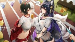 Rule 34 | &gt; &lt;, 1other, 2girls, alternate costume, animal ear fluff, animal ears, arms behind back, asymmetrical docking, azur lane, black buruma, bound, bound wrists, bread eating race, breast press, breasts, bruenhilde (azur lane), bruenhilde (grain-seizing grani) (azur lane), buruma, day, dolphin shorts, facial mark, fox ears, fox girl, fox tail, from above, gym uniform, hair between eyes, hairband, holding, holding hose, hose, jacket, jewelry, kim eb, kitsune, kyuubi, large breasts, large tail, loading screen, long hair, looking at viewer, looking up, magatama, magatama necklace, manjuu (azur lane), midriff, mouth hold, multicolored hair, multiple girls, multiple tails, musashi (azur lane), navel, necklace, official alternate costume, official art, open clothes, open jacket, outdoors, purple hair, red eyes, red hairband, red jacket, red shorts, running track, shirt, short sleeves, shorts, split-color hair, tail, third-party source, tied up (nonsexual), very long hair, water, wet, wet clothes, wet shirt, whisker markings, white tail, yellow eyes