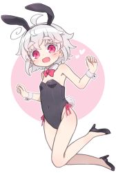 Rule 34 | 1girl, :d, ahoge, animal ears, black footwear, black leotard, bow, bowtie, commentary, covered navel, detached collar, fake animal ears, full body, grey hair, high heels, highres, kibisake, leotard, looking at viewer, open mouth, original, outline, playboy bunny, rabbit ears, rabbit tail, red bow, red bowtie, red eyes, shoes, short hair, simple background, smile, solo, tail, thick eyebrows, torii koyomi, w arms, white outline, wrist cuffs