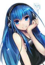 Rule 34 | 1girl, bare shoulders, blue eyes, blue hair, chibi, chibi inset, dot heit, hand on own chin, headphones, long hair, matching hair/eyes, personification, smile, solo, st-ko, steam (platform)
