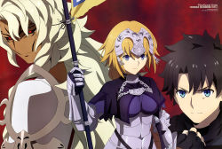 Rule 34 | 1girl, 2boys, absurdres, aqua inc., black hair, black sclera, blonde hair, clenched hand, colored sclera, copyright name, fate/grand order, fate (series), fingerless gloves, fujimaru ritsuka (male), furrowed brow, gloves, highres, jeanne d&#039;arc (fate), jeanne d&#039;arc (ruler) (fate), looking at viewer, magazine scan, multiple boys, newtype, official art, red background, red eyes, scan, solomon (fate), white hair