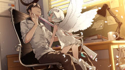 Rule 34 | 1boy, 1girl, ass, black hair, window blinds, blue eyes, blue hair, blvefo9, book, boots, brown pants, chair, clock, commentary, desk, desk lamp, dress, english commentary, faceless, faceless male, feathered wings, feathers, gun, head wings, heart, highres, holding, holding gun, holding tail, holding weapon, indoors, jacket, knee boots, kneeling, lamp, multicolored hair, musket, office chair, on chair, original, pants, parted lips, profile, see-through, see-through silhouette, shoe soles, short sleeves, sitting, smile, streaked hair, sunlight, sunset, swivel chair, tail, teeth, upper teeth only, wall clock, weapon, white dress, white feathers, white footwear, white hair, white jacket, white wings, window, wings