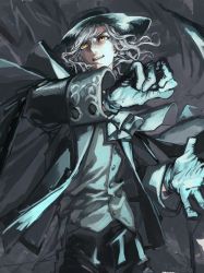 Rule 34 | 1boy, black cape, black gloves, black hat, black jacket, cape, collared shirt, edmond dantes (fate), fate/grand order, fate (series), formal, gloves, hat, highres, jacket, long sleeves, male focus, medium hair, momomogeta, parted lips, shirt, signature, silver hair, solo, standing, suit, white shirt, wing collar, yellow eyes