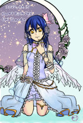 Rule 34 | 1girl, 2022, angel wings, arm garter, arm ribbon, artist name, artist request, back bow, bare legs, bare shoulders, blue dress, blue hair, blue ribbon, blush, bow, bowtie, bracelet, breasts, bridal garter, bug, butterfly, butterfly hair ornament, buttons, center frills, clothing cutout, collared dress, dated, detached arm, detached legs, detached sleeves, dress, female focus, flower, frilled dress, frilled shorts, frills, gem, hair between eyes, hair flower, hair ornament, hair ribbon, hairclip, highres, insect, jewelry, kneeling, lace, lace-trimmed dress, lace trim, leg ribbon, long dress, long hair, looking at viewer, love live!, love live! school idol festival, love live! school idol project, microphone, parted lips, pearl (gemstone), pink bow, pink butterfly, purple bow, purple shorts, ribbon, rose, sash, shorts, shorts under dress, shoulder cutout, skirt, sleeveless, sleeveless dress, small breasts, smile, solo, sonoda umi, striped, striped bow, thighlet, white detached collar, white flower, white rose, white skirt, white wings, wings, wrist ribbon, x hair ornament, yellow eyes
