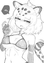 Rule 34 | 1girl, animal ears, bikini, blush, breasts, detroit893, elbow gloves, gloves, greyscale, highres, jaguar (kemono friends), jaguar ears, jaguar tail, kemono friends, kemono friends 3, large breasts, looking at viewer, monochrome, multicolored hair, navel, o-ring, o-ring top, open mouth, short hair, smile, solo, swimsuit, tail